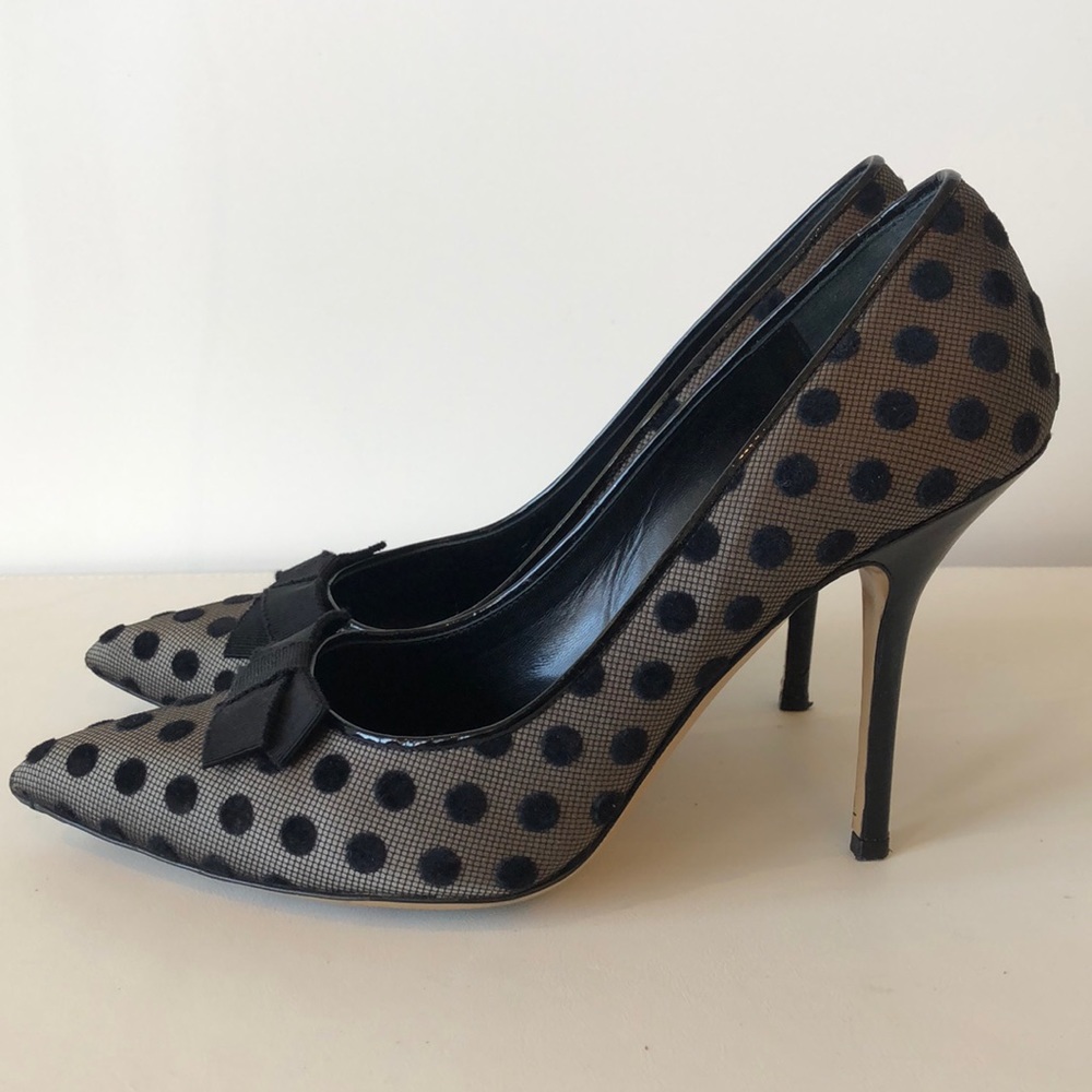 MOSCHINO Polka Dot Black Tuxedo Satin Pumps 38.5